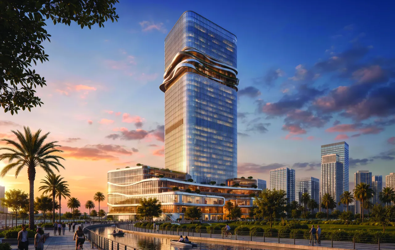 Radiant Legacy business tower on the Al Reem Island waterfront at sunset